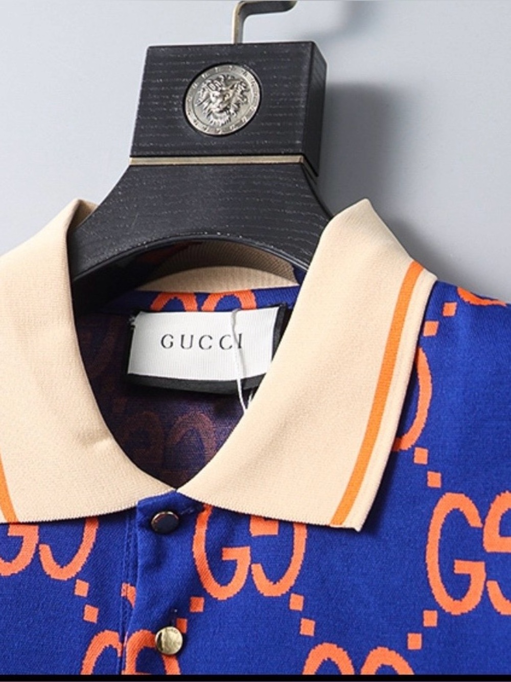 GUCCI Royal Blue Polo with Orange GG Motif and Cream Collar - Picture 3 of 4